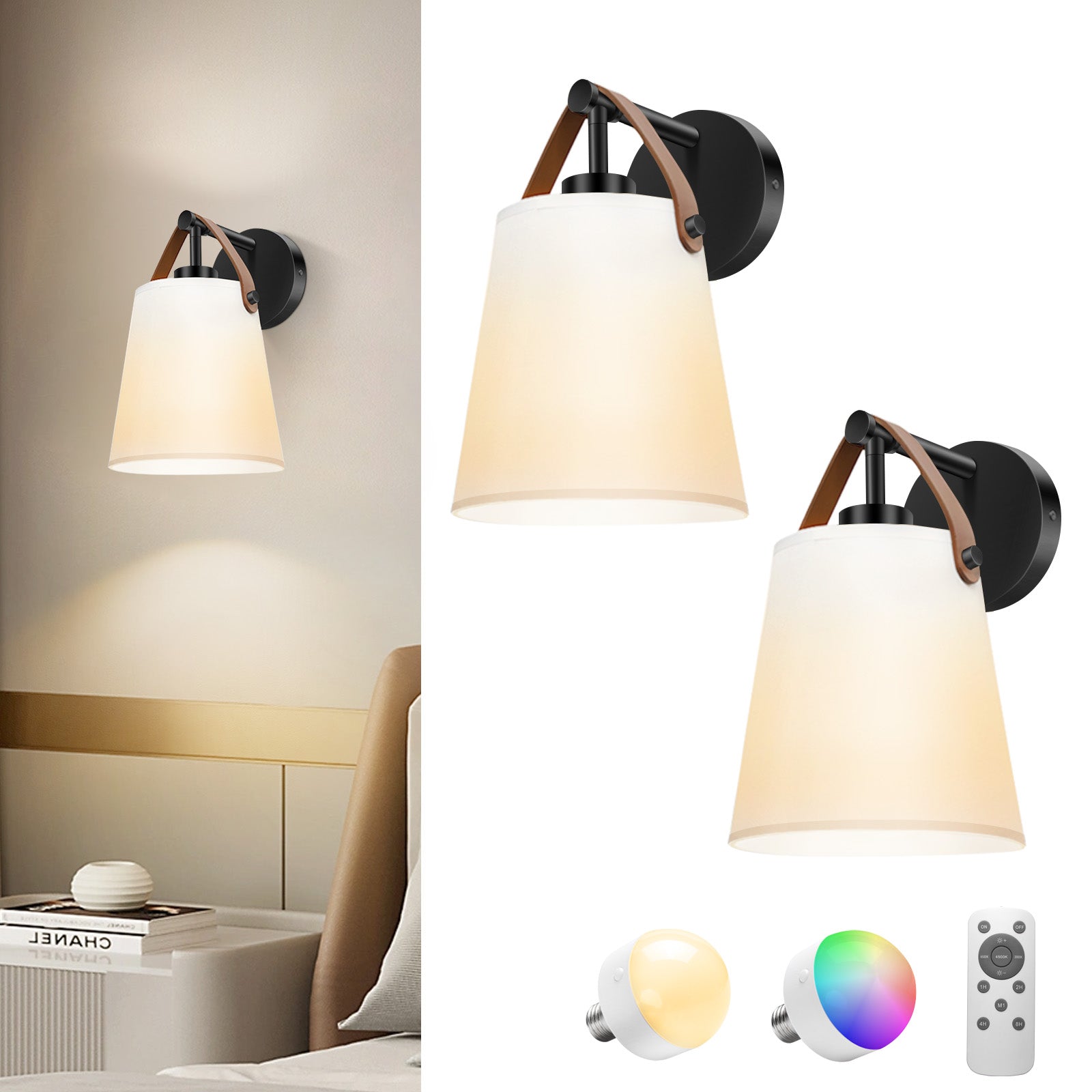 Fabric Lampshade Battery Operated Wall Sconce Set of 2 with Dimmable Remote Bulbs