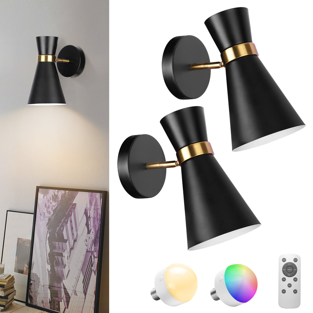 Battery Operated Wall Sconce Set of 2, Modern Decor Black with Gold Wireless Sconce