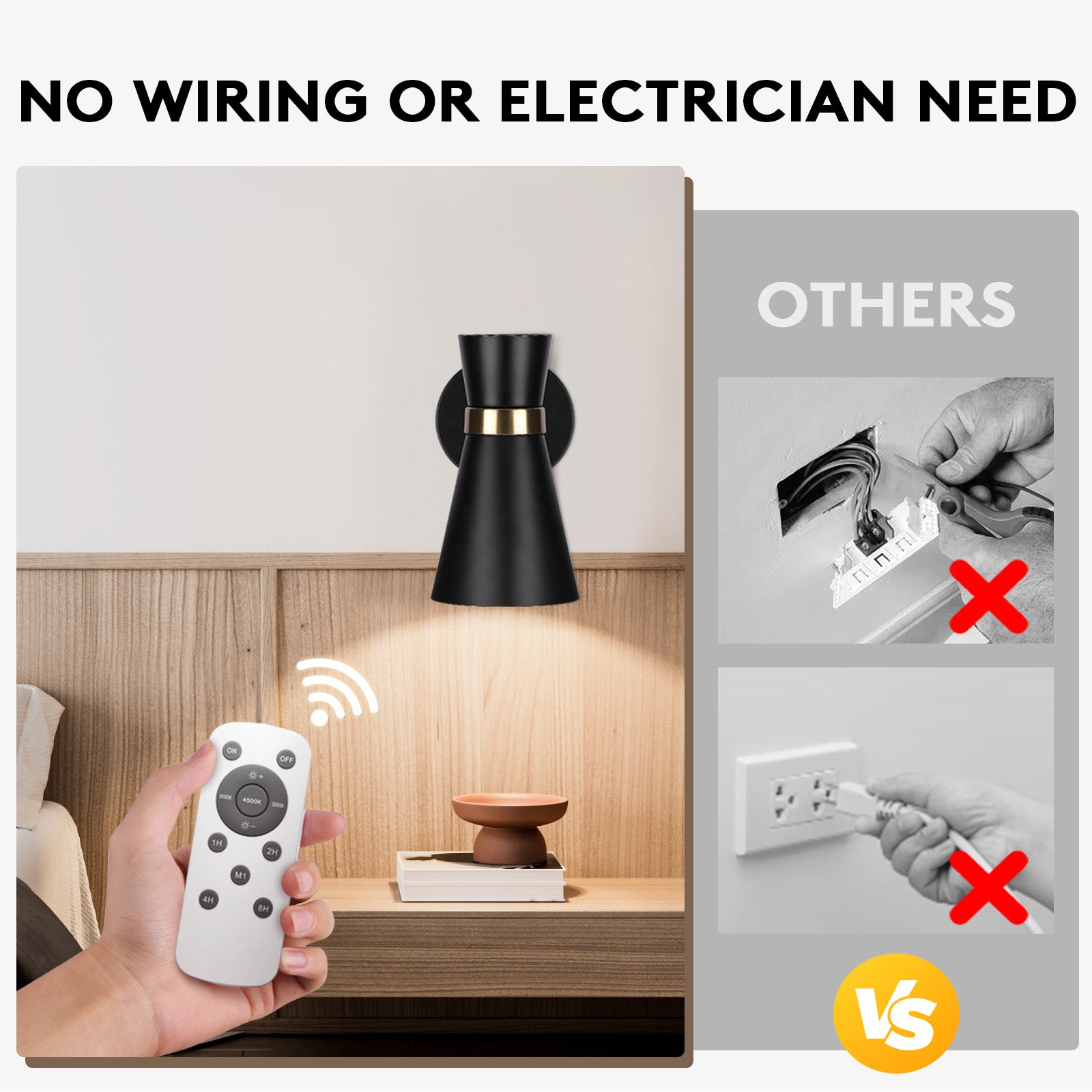 Battery Operated Wall Sconce Set of 2, Modern Decor Black with Gold Wireless Sconce