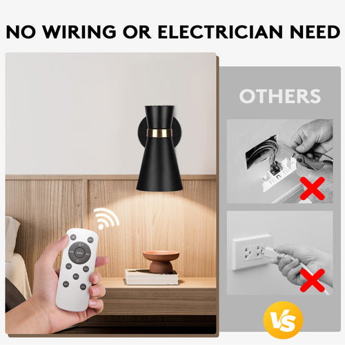 Battery Operated Wall Sconce Set of 2, Modern Decor Black with Gold Wireless Sconce