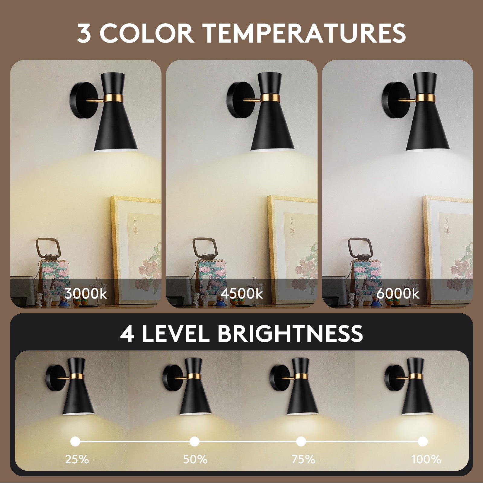 Battery Operated Wall Sconce Set of 2, Modern Decor Black with Gold Wireless Sconce