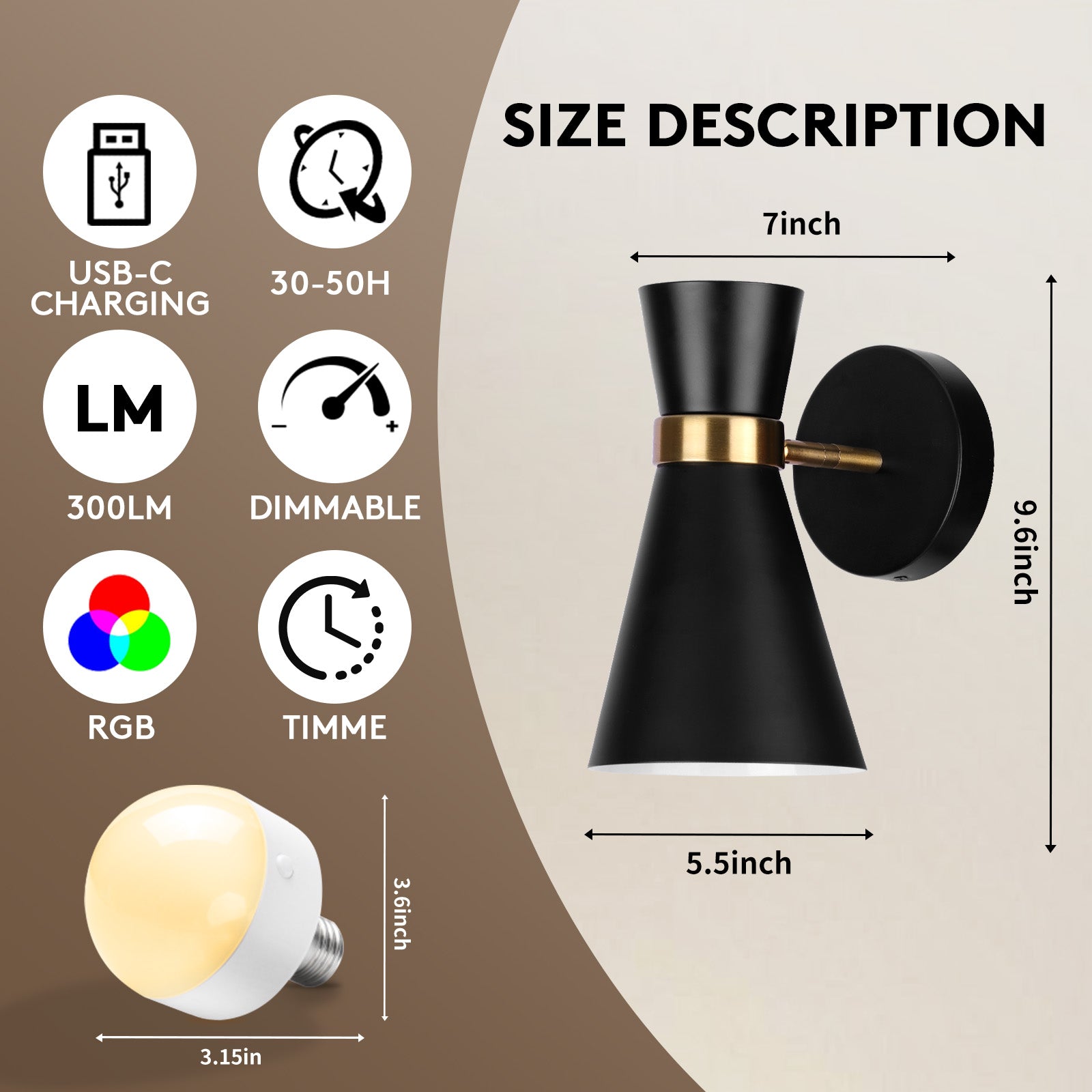 Battery Operated Wall Sconce Set of 2, Modern Decor Black with Gold Wireless Sconce