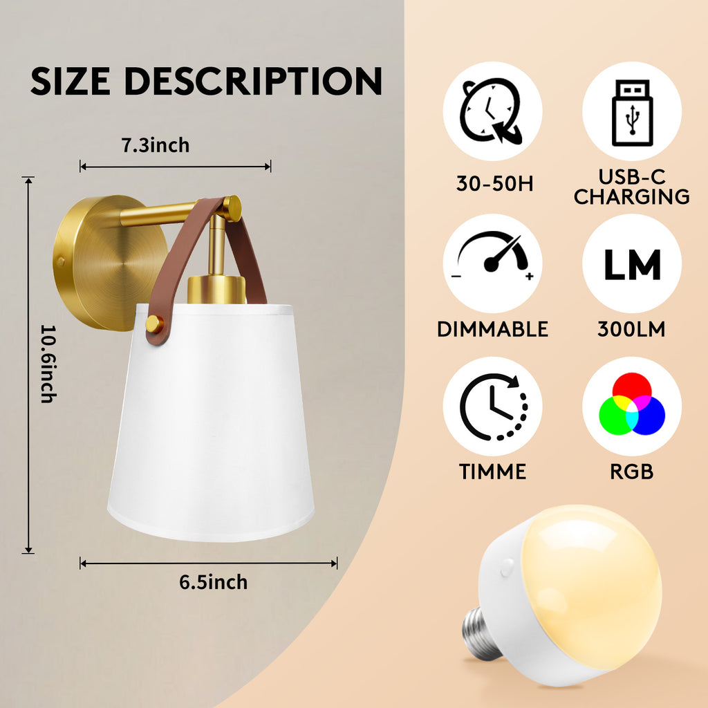 Fabric Lampshade Battery Operated Wall Sconce Set of 2 with Dimmable Remote Bulbs