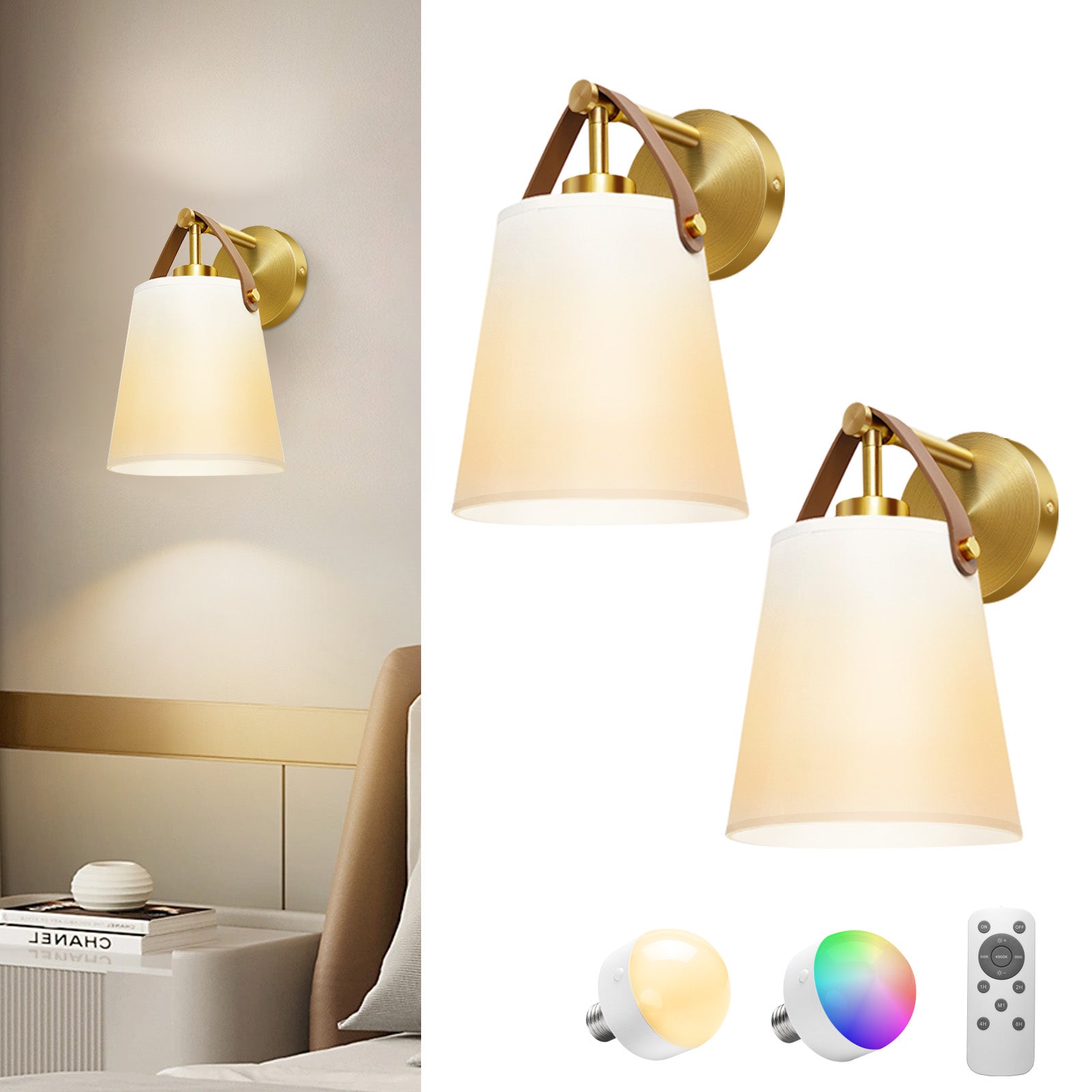 Fabric Lampshade Battery Operated Wall Sconce Set of 2 with Dimmable Remote Bulbs